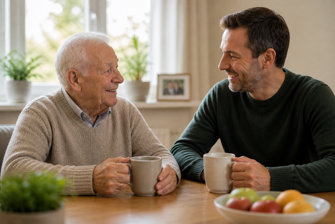 Image 2 - A warm, realistic photograph of an elderly man and a middle-aged man sitting together at a wooden dining table, sharing a happy conversation over mugs of tea. Both men are smiling and looking at each other affectionately. The setting is a bright, comfortable home environment with natural light from a window, indoor plants, and a bowl of fruit on the table, reflecting the positive emotional wellbeing associated with receiving care and support at home.