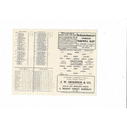 1956/57 Barnsley v Lincoln City Football Programme