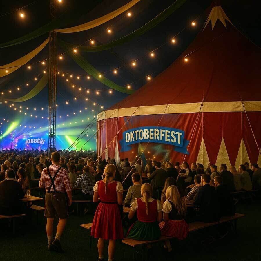 Oktoberfest celebration under red and white tents with First Choice Medical logo – professional medical event cover.