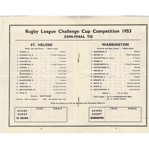 1953 St. Helens v Warrington (28/03/1953) Rugby League Challenge Cup Semi Final Programme