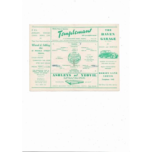 1954/55 Yeovil Town v Kettering Southern League Football Programme