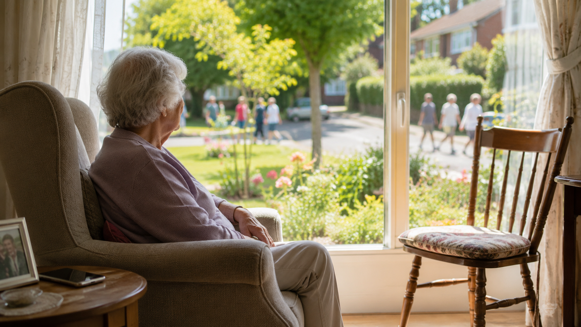 Older woman sitting alone by the window watching people outside on a sunny summer day.
