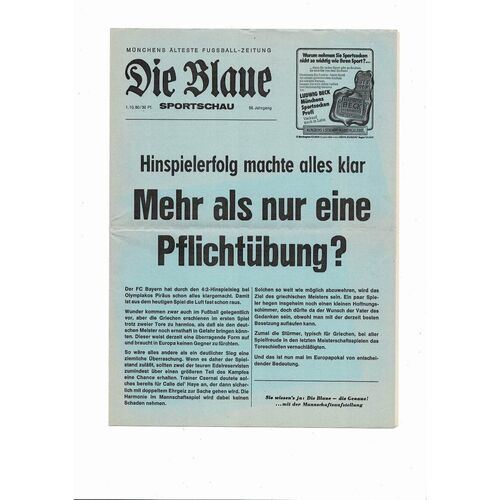 Bayern Munich v Olympiakos European Cup Football Programme Die Blaue edition 1980/81