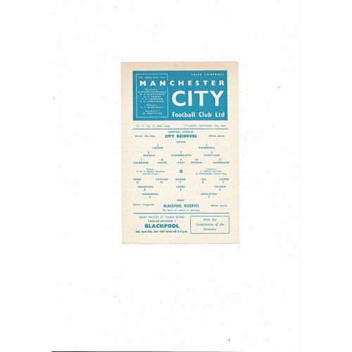Manchester City v Blackpool Central League Football Programme 1961/62