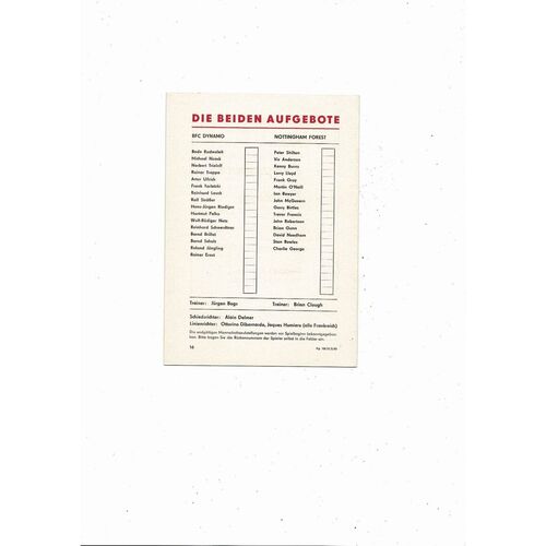 Dynamo Berlin v Nottingham Forest European Cup Football Programme 1979/80