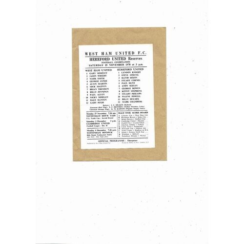 West Ham United v Hereford United Football Combination Programme 1978/79