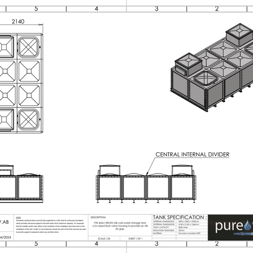 PW.4X2X1.IFB.DIV.AB(2+2) - 8000 LITRE DIVIDED SECTIONAL WATER TANK, INTERNALLY FLANGED BASE (IFB) C/W FVH