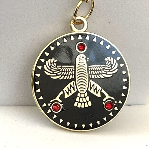 Round Pendant. The Persian Falcon. Black with 3 Red Stone.