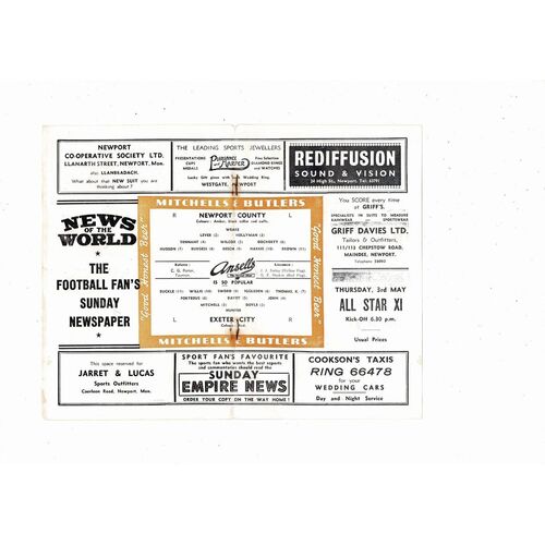 1955/56 Newport County v Exeter City Football Programme