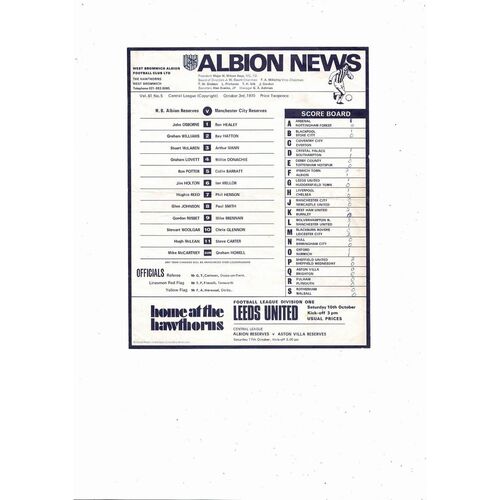 West Bromwhich Albion v Manchester Central League Football Programme 1970/71
