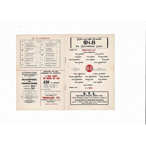 1961 Birmingham City v Roma UEFA Fairs Cup Final Football Programme