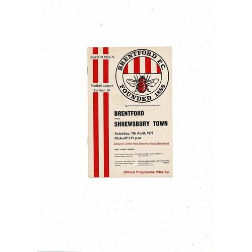 1972/73 Brentford v Shrewsbury Town Football Programme