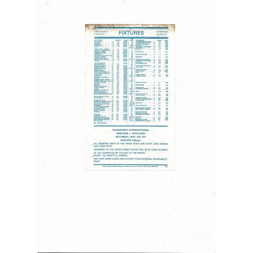 Manchester City v Manchester Unted Central League Football Programme 1970/71