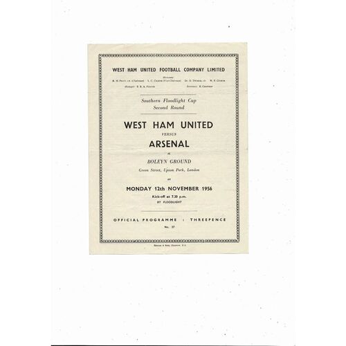 1956/57 West Ham United v Arsenal Southern Floodlight Cup Football Programme