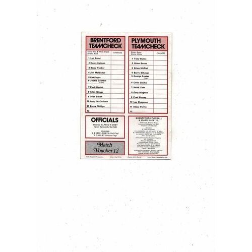 1978/79 Brentford v Plymouth Argyle Football Programme