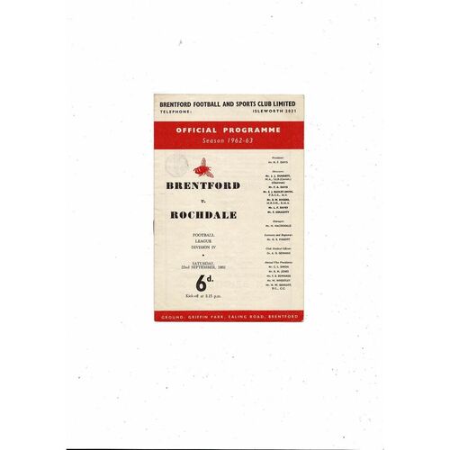 1962/63 Brentford v Rochdale Football Programme
