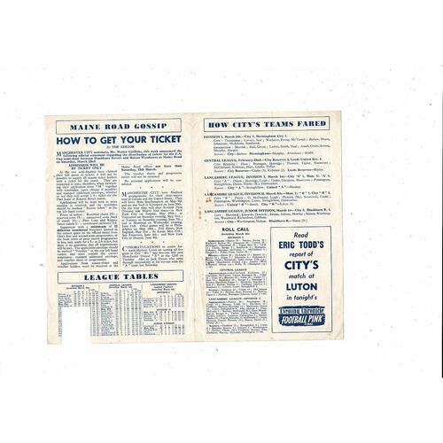 Manchester City v Wolves Central League Football Programme 1957/58