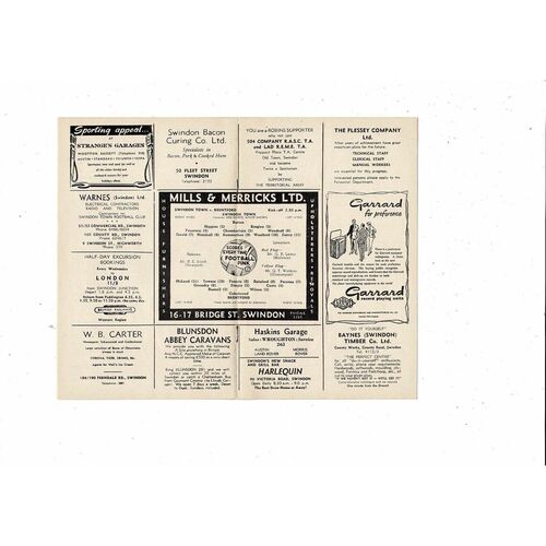 1959/60 Swindon Town v Brentford Football Programme