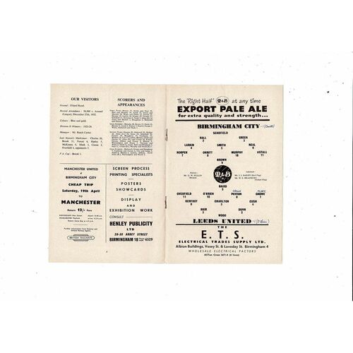 1957/58 Birmingham City v Leeds United Football Programme