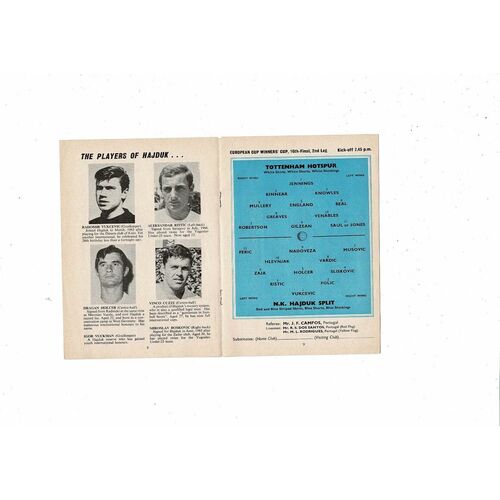 Tottenham Hotspur v Hajduk Split European Cup Winners Cup Football Programme 1967/68