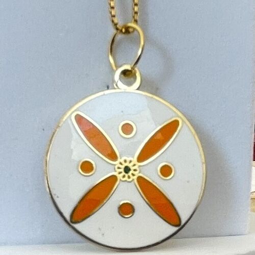 Round Pendant. The Persian Cross. Orange on White with 1 Central Green Stone.