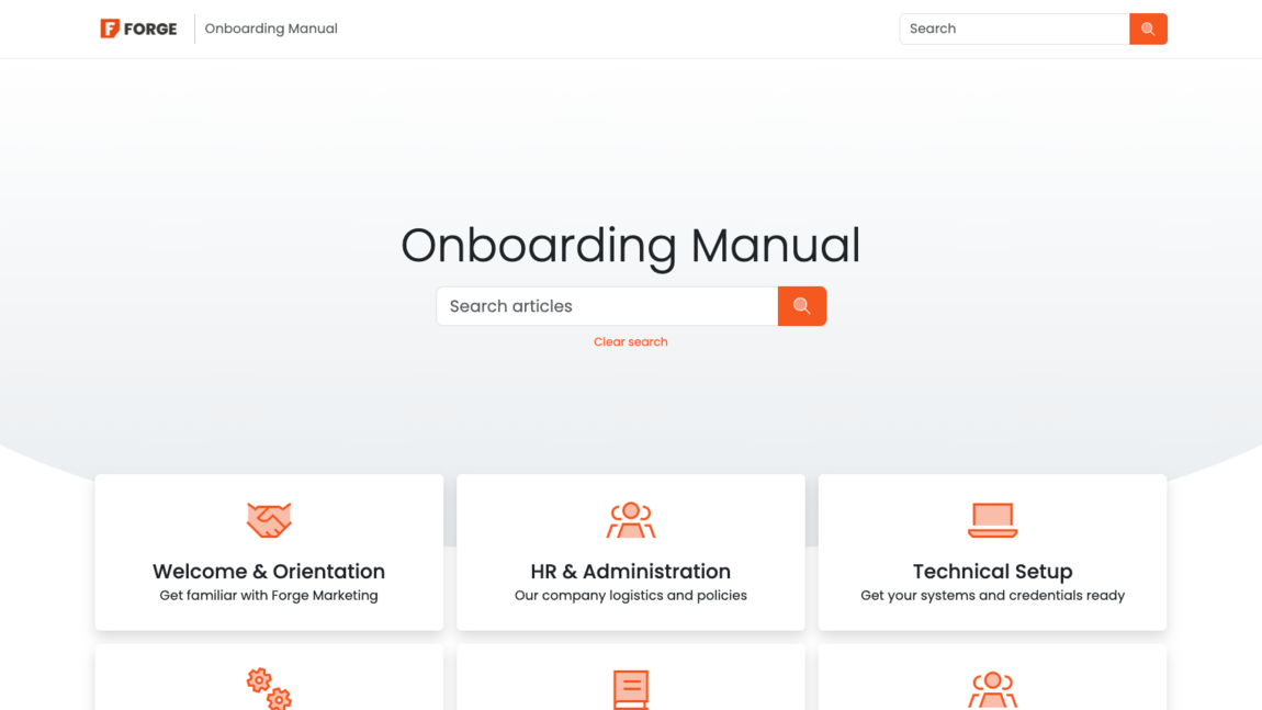 A screenshot of a web page showing the home page of a webfactory knowledge base onboarding demo website.