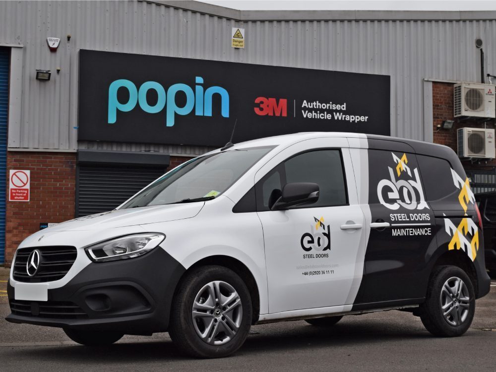 Partial van wrap on a company Mercedes Citan outside Popin in Cardiff.