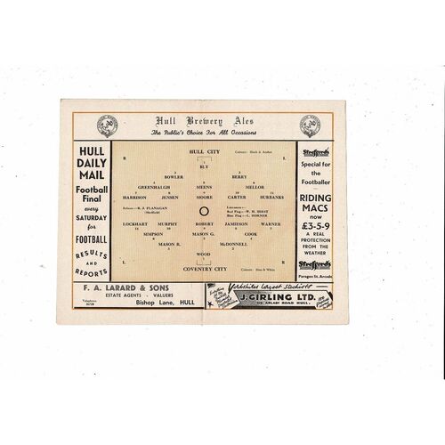 1949/50 Hull City v Coventry City Football Programme