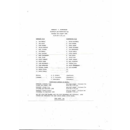 1988/89 Barnsley v Scarborough Yorkshire & Humberside Cup Football Team Sheet