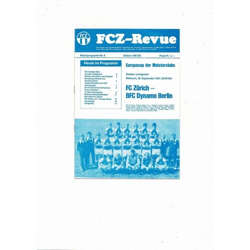 FC Zurich v FC Dynamo Berlin European Cup Football Programme 1981/82