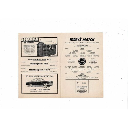 1957/58 Coventry City v Port Vale Football Programme. December 25th