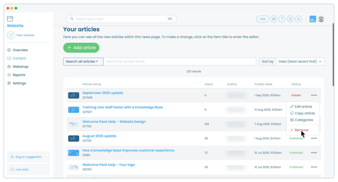 How to edit, schedule, unpublish or remove a blog article | Webfactory Support | Webfactory