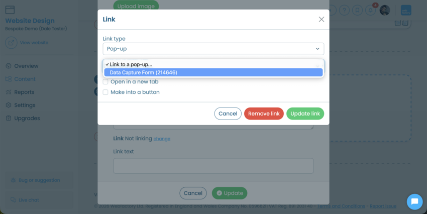 Screenshot showing the pop-up link section in Webfactory's Website Editor