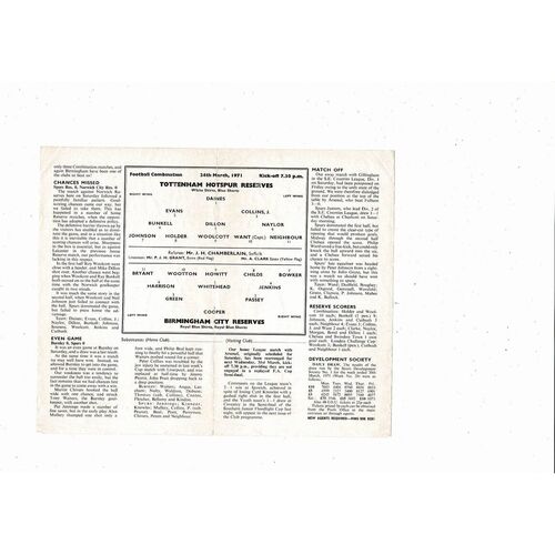 Tottenham Hotspur v Birmingham City Football Combination Programme 1970/71