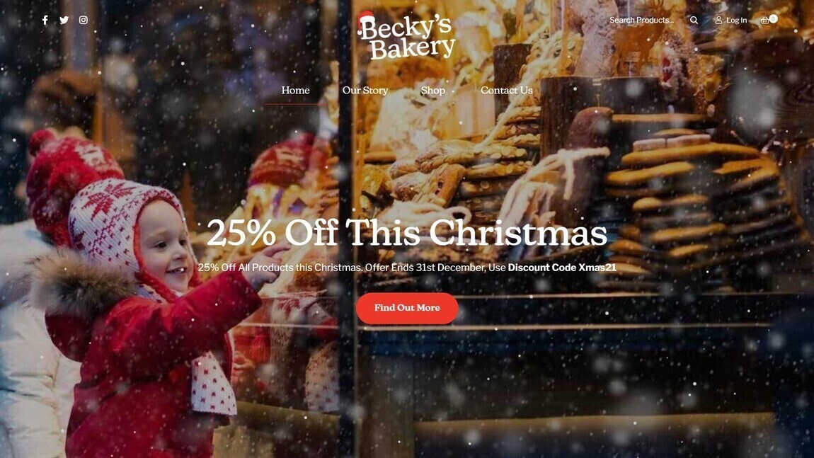 A warm winter scene of a child looking through the window of a cosy bakery and pointing at a Christmas cookie. In the centre of the banner is a message offering 25% off.