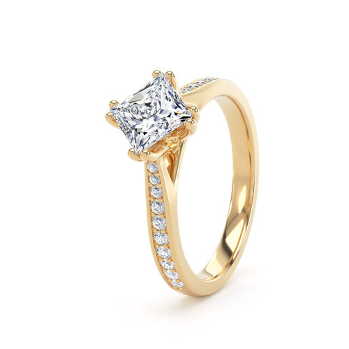 Alternate set princess cut double claw solitaire with diamond set shoulders