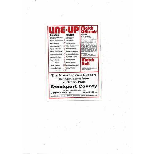 1974/75 Brentford v Newport County Football Programme