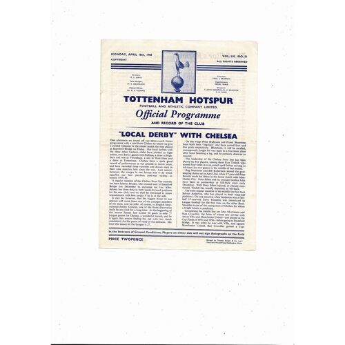 1959/60 Tottenham Hotspur v Chelsea Football Programme