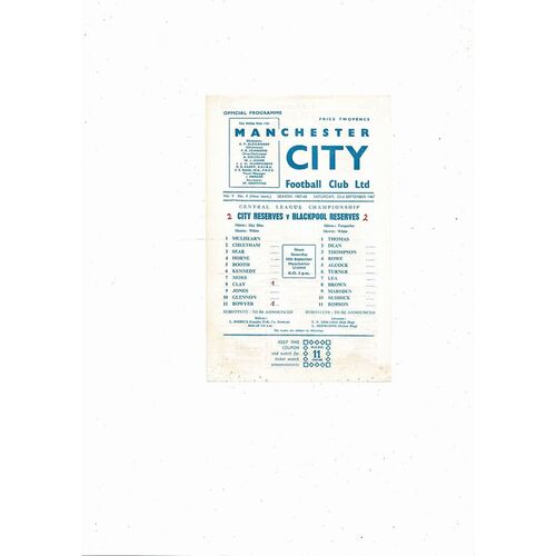 Manchester City v Blackpool Central League Football Programme 1967/68