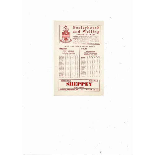 1958/59 Bexleyheath & Welling v Sheppey Kent League Football Programme