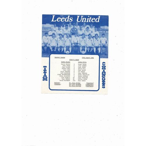 Leeds United v Aston Villa Central League Football Programme 1981/82