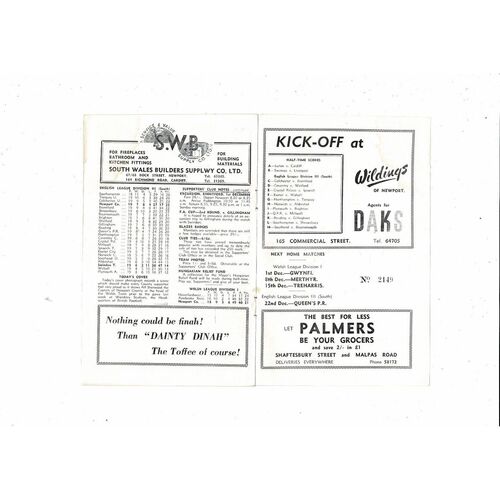 1956/57 Newport County v Swindon Town Football Programme