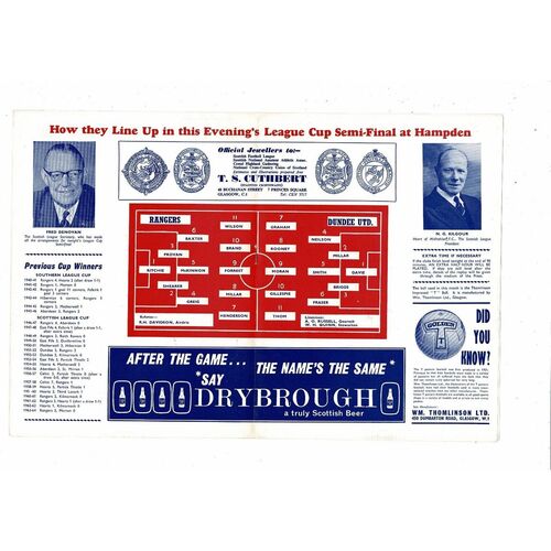 1964/65 Dundee United v Rangers Scottish League Cup Semi Final Football Programme