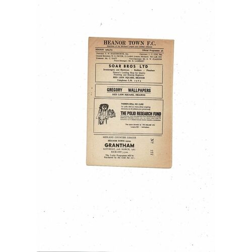 1964/65 Heanor Town v Grantham Midland League Football Programme