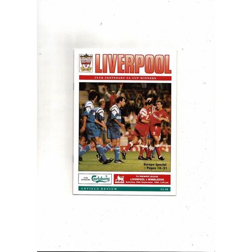 1992/93 Liverpool v Wimbledon Football Programme