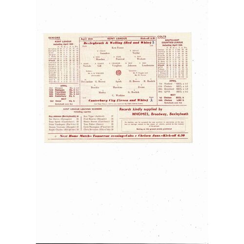 1957/58 Bexleyheath & Welling v Canterbury Kent League Football Programme