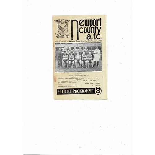 1958/59 Newport County v Swindon Town Football Programme