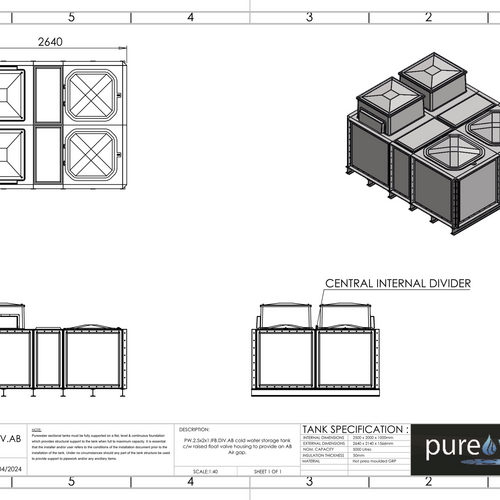 PW.2.5X2X1.IFB.DIV.AB(1+1) - 5000 LITRE DIVIDED SECTIONAL WATER TANK, INTERNALLY FLANGED BASE (IFB) C/W FVH