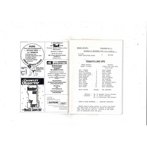 Three Bridges v Croydon FA Cup Football Programme 1983/84