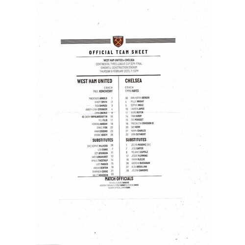2022/23 West Ham United v Chelsea Womens League Cup Football Programme